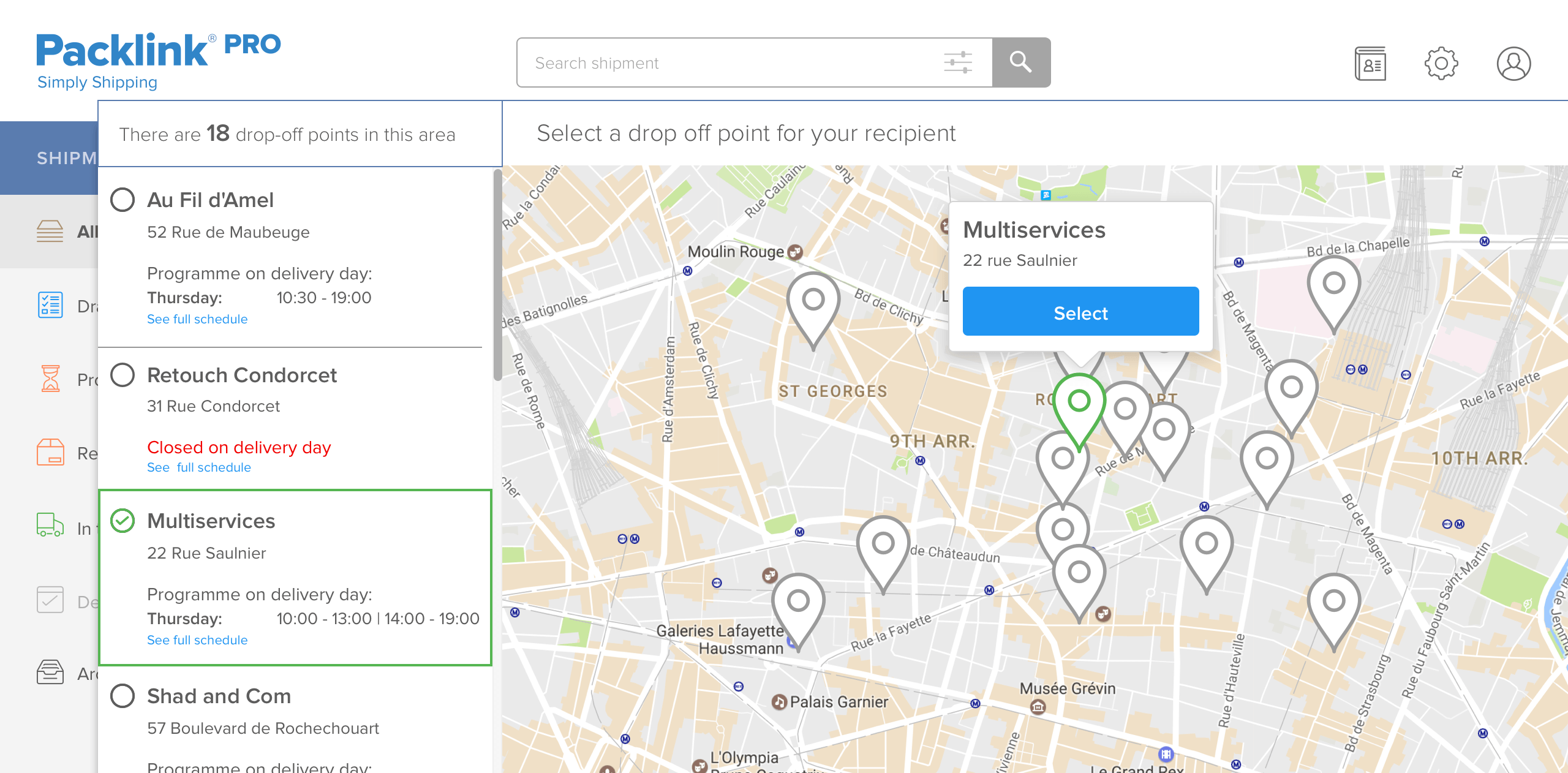 The first drop-off selection screen