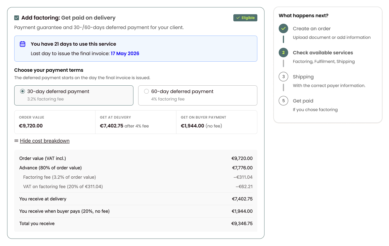 The factoring offer with its cost breakdown open: order value, the advance, the factoring fee and VAT on it, and the two amounts the brand receives.