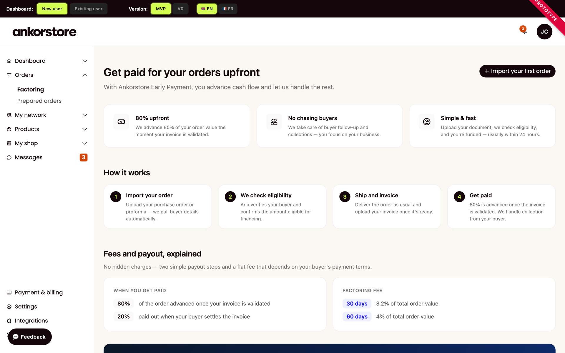 The prototype's landing screen: get paid for your orders upfront, how it works in four steps, and the fees explained.