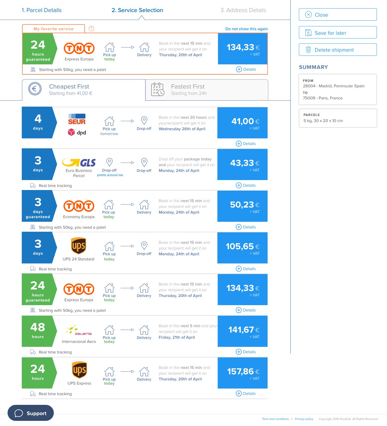 The redesigned service selection with a favourite service
