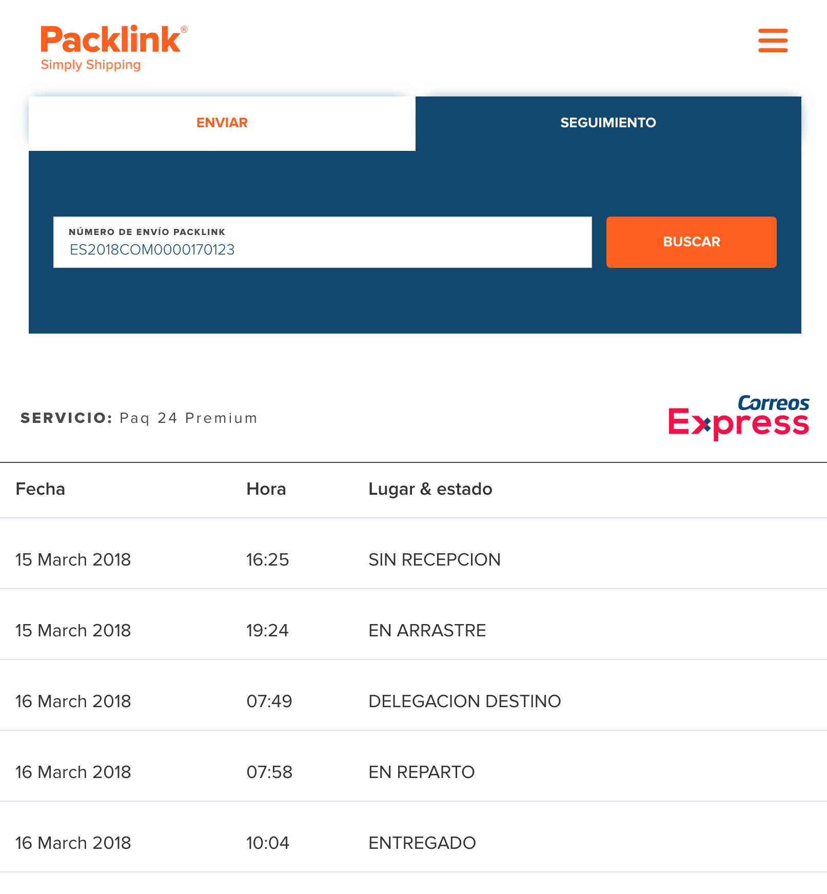 Public tracking on packlink.es
